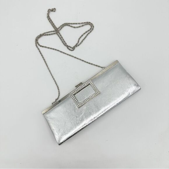 CACHE Silver Metallic Convertible Clutch w/Crystal Embellishment - Picture 1 of 14